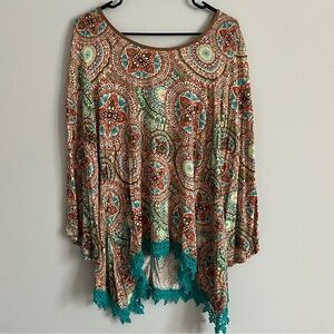 New Directions Multi-Color Medallion Print Crochet Hem Long Sleeve Blouse